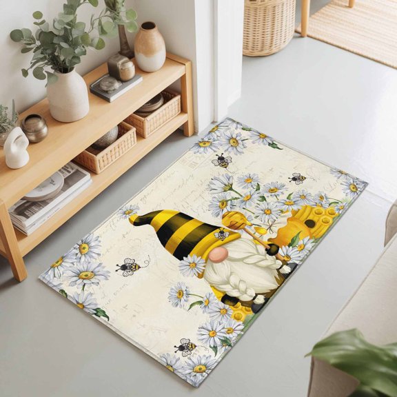 Rectangle Rug 2x3Ft White Daisy Pastoral Gnome Bee Soft Indoor Throw Rugs Carpets for Living Dining Bedroom Non-Slip Playroom Crawl Rug Floor Mats Summer Honey Hive