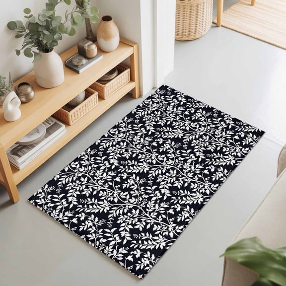 Rectangle Rug 2x3Ft White Leaves Floral Seamless Soft Indoor Throw Rugs Carpets for Living Dining Bedroom Non-Slip Playroom Crawl Rug Floor Mats Overlay Botanical on Black