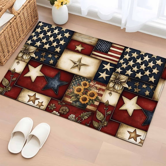 Rectangle Rug 2x3ft Area Rug,4th of July Retro USA Flag Area Rugs for Living Room Bedroom,American Patriotic Stars Flower Floor Mat Non-Slip Non-Shedding Carpet Indoor Accent Rugs