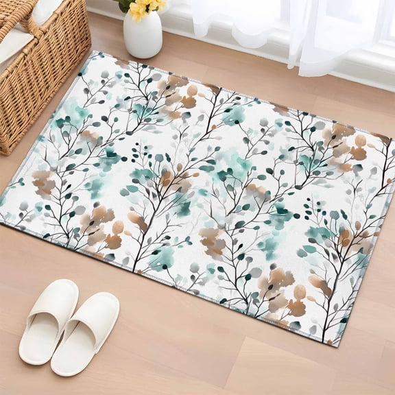 Rectangle Rug 2x3ft Area Rug,Abstract Aqua Brown Leaves Area Rugs for Living Room Bedroom,Watercolor Spring Foliage Leaf Floor Mat Non-Slip Non-Shedding Carpet Indoor Accent Rugs