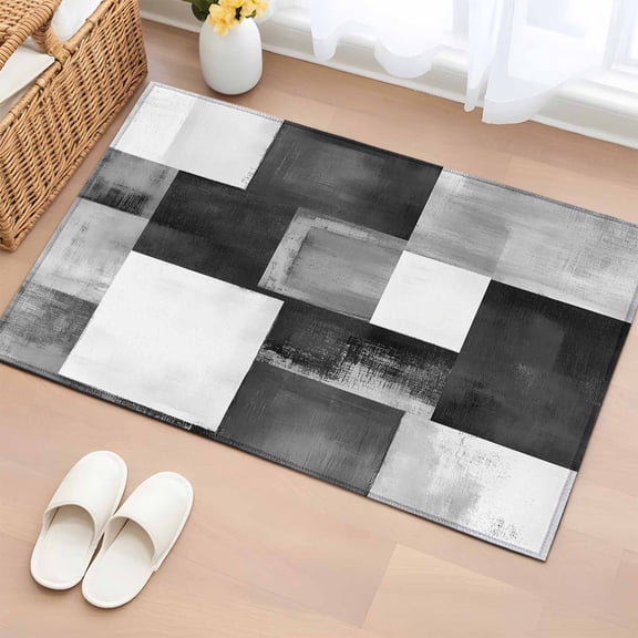 Rectangle Rug 2x3ft Area Rug, Abstract Black Grey Color Block Area Rugs for Living Room Bedroom, Modern White Checkered Plaid Floor Mat Non-Slip Non-Shedding Carpet Indoor Accent Rugs