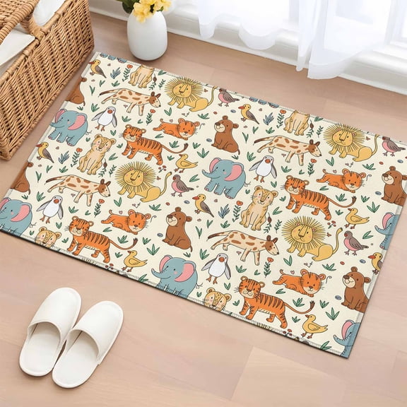 Rectangle Rug 2x3ft Area Rug, Abstract Cartoon Elephant Tiger Lion Cat Bear Area Rugs for Living Room Bedroom, Animal Focus Floor Mat Non-Slip Non-Shedding Carpet Indoor Accent Rugs