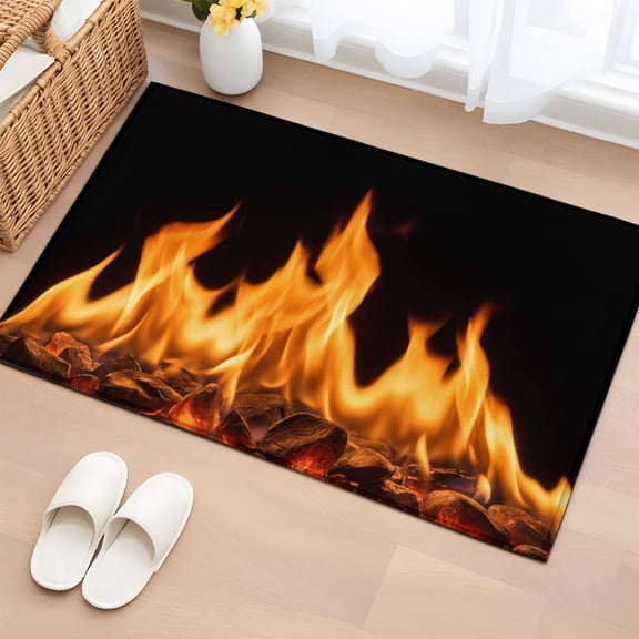 Rectangle Rug 2x3ft Area Rug, Abstract Orange Flame on Black Area Rugs for Living Room Bedroom, Flickering Fire Pattern Floor Mat Non-Slip Non-Shedding Carpet Indoor Accent Rugs