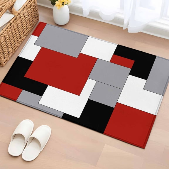 Rectangle Rug 2x3ft Area Rug,Abstract Red Black Grey White Color Block Area Rugs for Living Room Bedroom,Splicing Geometric Plaid Floor Mat Non-Slip Non-Shedding Carpet Indoor Accent Rugs