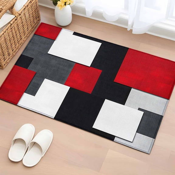 Rectangle Rug 2x3ft Area Rug,Abstract Red Black White Gray Color Block Area Rugs for Living Room Bedroom,Geometric Art Floor Mat Non-Slip Non-Shedding Carpet Indoor Accent Rugs