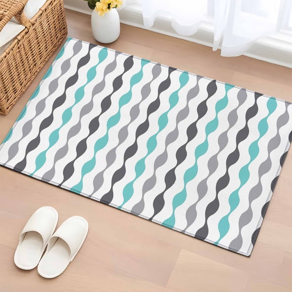 Rectangle Rug 2x3ft Area Rug, Abstract Teal Gray White Wavy Lines Area Rugs for Living Room Bedroom, Modern Morocco Stripes Floor Mat Non-Slip Non-Shedding Carpet Indoor Accent Rugs