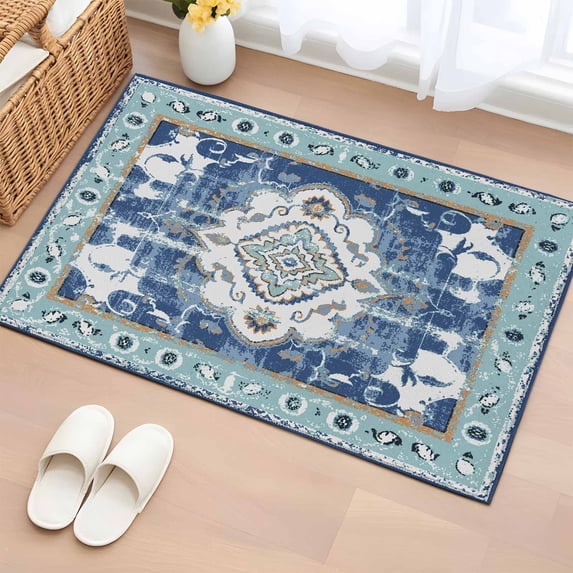 Rectangle Rug 2x3ft Area Rug,Abstract Traditional Oriental Floral Area Rugs for Living Room Bedroom,Teal Blue Floor Mat Non-Slip Non-Shedding Carpet Indoor Accent Rugs