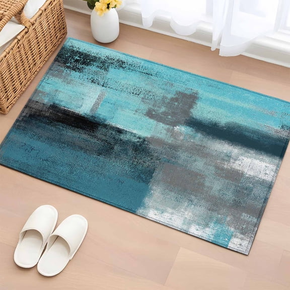 Rectangle Rug 2x3ft Area Rug,Abstract Turquoise Grey Graffiti Area Rugs for Living Room Bedroom,Retro Paint Texture Floor Mat Non-Slip Non-Shedding Carpet Indoor Accent Rugs