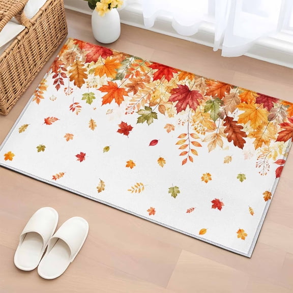 Rectangle Rug 2x3ft Area Rug, Autumn Orange Maple Leaf Watercolor Area Rugs for Living Room Bedroom, Fallen Leaves on White Floor Mat Non-Slip Non-Shedding Carpet Indoor Accent Rugs