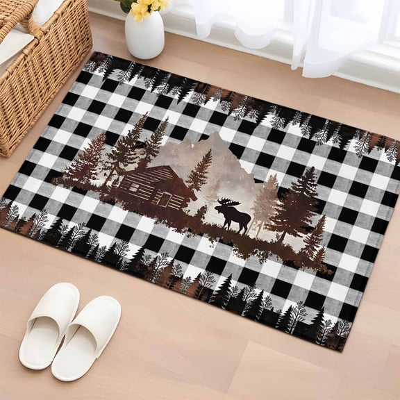 Rectangle Rug 2x3ft Area Rug, Black Deer Forest Wooden House Area Rugs for Living Room Bedroom, Black White Buffalo Check Floor Mat Non-Shedding Non-Slip Carpet Indoor Accent Rugs