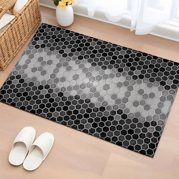 Rectangle Rug 2x3ft Area Rug, Black Gray Gradient Hexagon Area Rugs for Living Room Bedroom, Abstract Honeycomb Grid Ombre Floor Mat Non-Slip Non-Shedding Carpet Indoor Accent Rugs