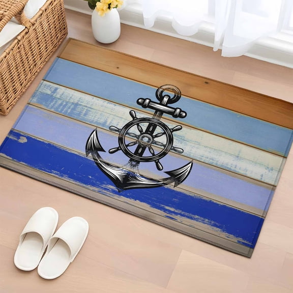 Rectangle Rug 2x3ft Area Rug, Black Wooden Boards Anchor Area Rugs for Living Room Bedroom, Blue Brown Wood Board Floor Mat Non-Slip Non-Shedding Carpet Indoor Accent Rugs