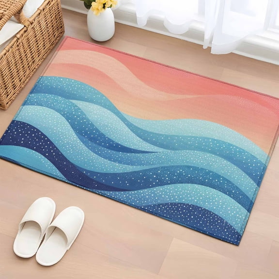 Rectangle Rug 2x3ft Area Rug, Blue Peach Layered Ocean Waves Area Rugs for Living Room Bedroom, Gradient Striped Floor Mat Non-Slip Non-Shedding Carpet Indoor Accent Rugs
