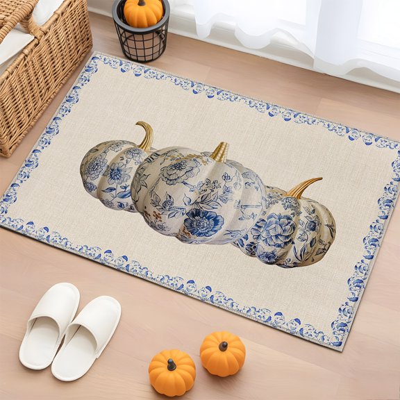 Rectangle Rug 2x3ft Area Rug, Blue White Porcelain Texture Pumpkin Area Rugs for Living Room Bedroom, Flower Leaves on Farm Burlap Floor Mat Non-Slip Non-Shedding Carpet Indoor Accent Rugs