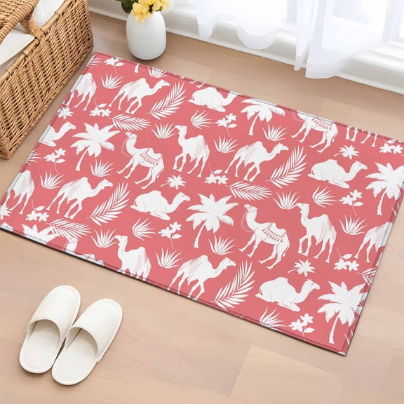 Rectangle Rug 2x3ft Area Rug, Camels Date Palm Trees Area Rugs for Living Room Bedroom, Aloe Vera on Pink Floor Mat Non-Slip Non-Shedding Carpet Indoor Accent Rugs