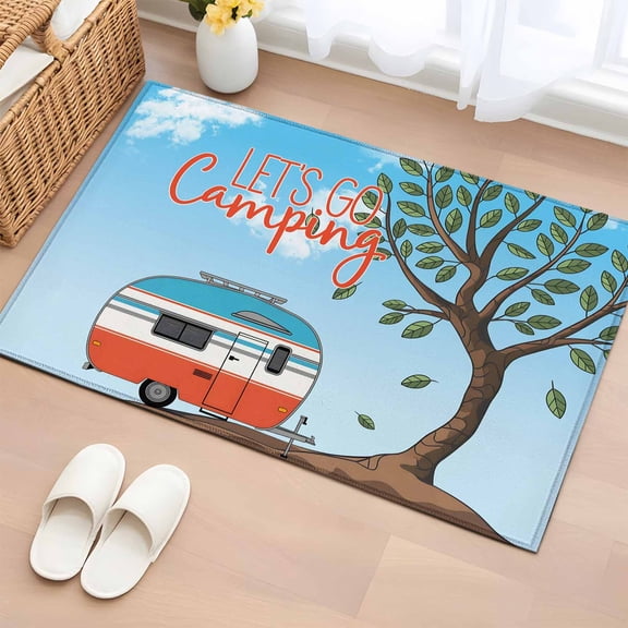 Rectangle Rug 2x3ft Area Rug, Cartoon Caravan Summer Forest Area Rugs for Living Room Bedroom, Let's Go Camping Quote Floor Mat Non-Slip Non-Shedding Carpet Indoor Accent Rugs