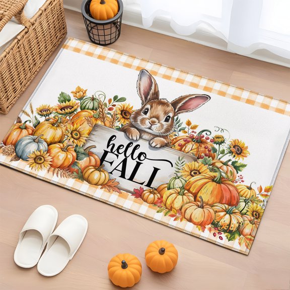 Rectangle Rug 2x3ft Area Rug, Cartoon Cute Rabbit Area Rugs for Living Room Bedroom, Hello Fall Pumpkins Sunflowers Floor Mat Non-Slip Non-Shedding Carpet Indoor Accent Rugs