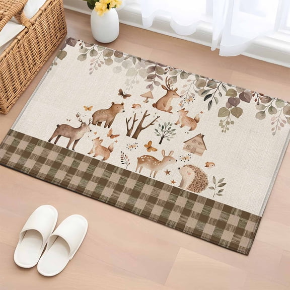 Rectangle Rug 2x3ft Area Rug,Cartoon Deer Bear Hedgehog Area Rugs for Living Room Bedroom,Forest Leaf Animal Retro Linen Plaid Floor Mat Non-Slip Non-Shedding Carpet Indoor Accent Rugs