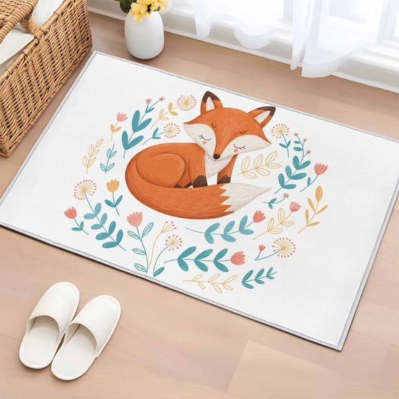 Rectangle Rug 2x3ft Area Rug,Cartoons Animals Foxes Area Rugs for Living Room Bedroom,Farm Flowers Plants Floor Mat Non-Slip Non-Shedding Carpet Indoor Accent Rugs