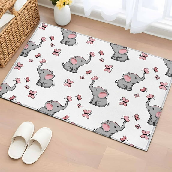Rectangle Rug 2x3ft Area Rug,Cartoons Little Elephants Area Rugs for Living Room Bedroom,Modern Pink Butterflies Floor Mat Non-Slip Non-Shedding Carpet Indoor Accent Rugs