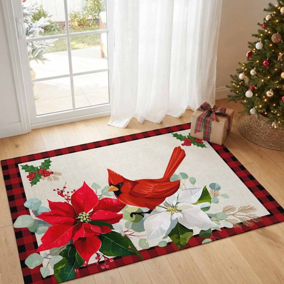 Rectangle Rug 2x3ft Area Rug, Christmas Bird Poinsettia Flower Area Rugs for Living Room Bedroom, Farm Berry Red Black Plaid Floor Mat Non-Slip Non-Shedding Carpet Indoor Accent Rugs