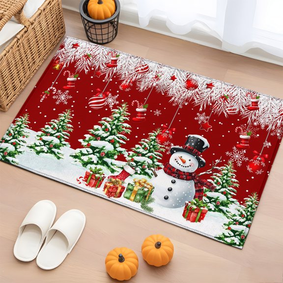 Rectangle Rug 2x3ft Area Rug, Christmas Tree Snowman Area Rugs for Living Room Bedroom, Winter Snowflake Fir Leaf on Red Floor Mat Non-Slip Non-Shedding Carpet Indoor Accent Rugs