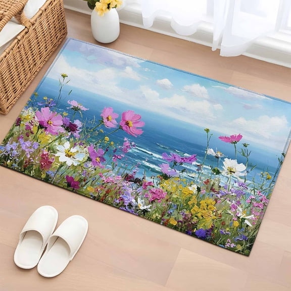 Rectangle Rug 2x3ft Area Rug, Coastal Watercolor Wildflowers Area Rugs for Living Room Bedroom, Blue Sky White Clouds Floor Mat Non-Slip Non-Shedding Carpet Indoor Accent Rugs