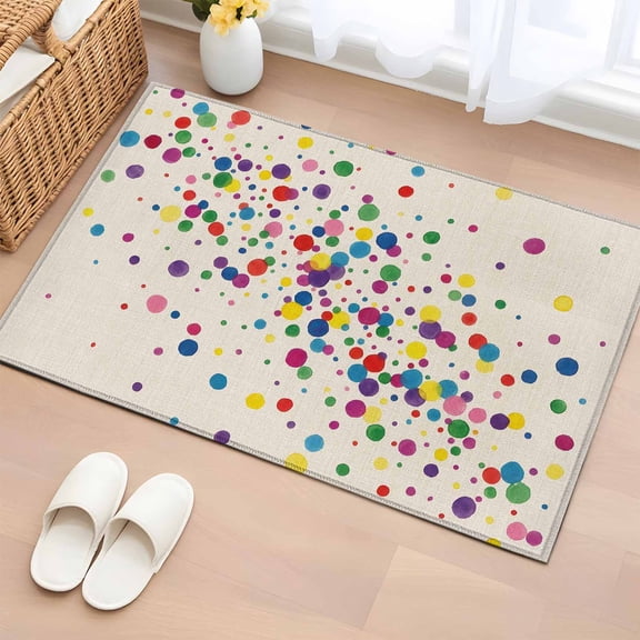 Rectangle Rug 2x3ft Area Rug, Colorful Dot Polka on Burlap Linen Area Rugs for Living Room Bedroom, Watercolor Dots Floor Mat Non-Slip Non-Shedding Carpet Indoor Accent Rugs