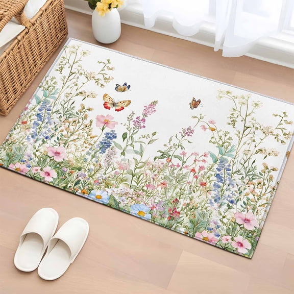 Rectangle Rug 2x3ft Area Rug,Country Flower Vine Wildflower Area Rugs for Living Room Bedroom,Butterfly Floral on White Floor Mat Non-Slip Non-Shedding Carpet Indoor Accent Rugs