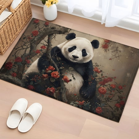 Rectangle Rug 2x3ft Area Rug, Cute Animals Panda Area Rugs for Living Room Bedroom, Red Roses Floral Art Floor Mat Non-Slip Non-Shedding Carpet Indoor Accent Rugs