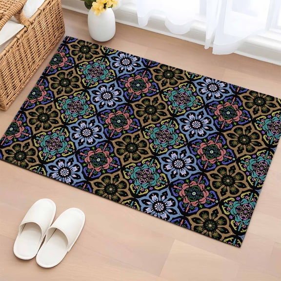 Rectangle Rug 2x3ft Area Rug, Damask Baroque Ethnic Floral Bohemian Area Rugs for Living Room Bedroom, Rhombus Geometric Art Floor Mat Non-Slip Non-Shedding Carpet Indoor Accent Rugs