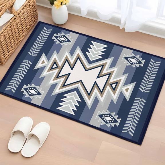 Rectangle Rug 2x3ft Area Rug, Ethnic Boho Morocco Theme Area Rugs for Living Room Bedroom, Aztec Blue Geometric Art Floor Mat Non-Slip Non-Shedding Carpet Indoor Accent Rugs