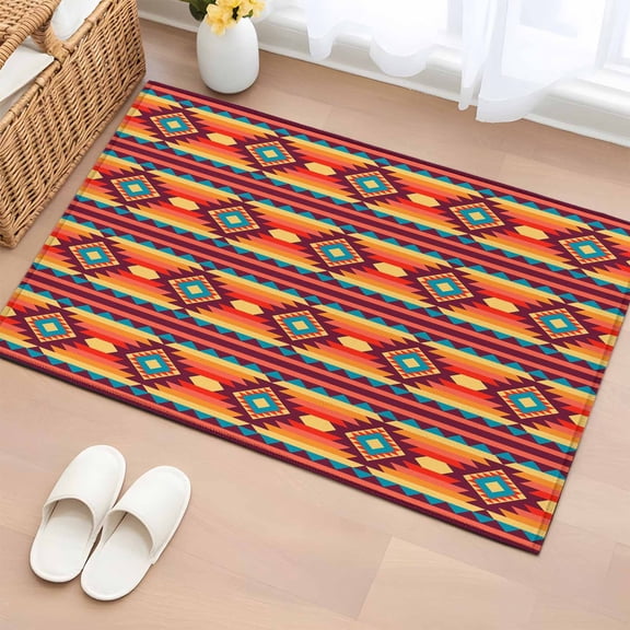 Rectangle Rug 2x3ft Area Rug, Ethnic Tribal Texture Orange Teal Area Rugs for Living Room Bedroom, Native Geometric Art Floor Mat Non-Slip Non-Shedding Carpet Indoor Accent Rugs
