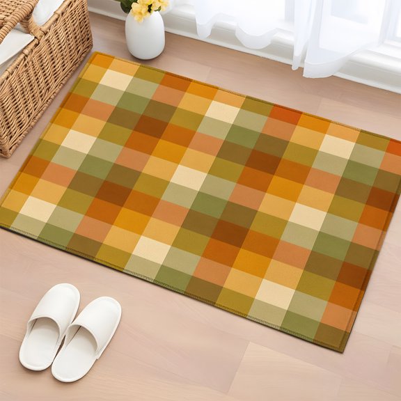 Rectangle Rug 2x3ft Area Rug, Fall Farmhouse Gingham Grid Area Rugs for Living Room Bedroom, Vintage Boho Plaid Floor Mat Non-Slip Non-Shedding Carpet Indoor Accent Rugs