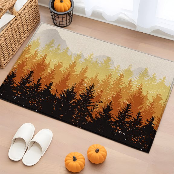 Rectangle Rug 2x3ft Area Rug, Fall Foggy Forest Orange Gradient Ombre Area Rugs for Living Room Bedroom, Black Shadow Retro Linen Floor Mat Non-Slip Non-Shedding Carpet Indoor Accent Rugs