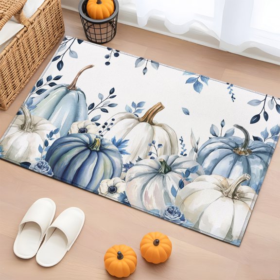 Rectangle Rug 2x3ft Area Rug, Fall Thanksgiving Pumpkin Botanical Leaf Area Rugs for Living Room Bedroom, Blue White Floor Mat Non-Slip Non-Shedding Carpet Indoor Accent Rugs