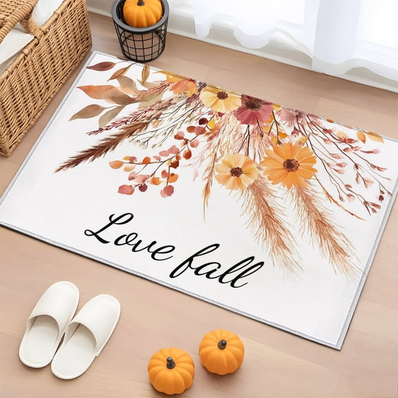 Rectangle Rug 2x3ft Area Rug, Fall Watercolor Farm Flowers Reed Area Rugs for Living Room Bedroom, Leaves Pine Cones White Floor Mat Non-Slip Non-Shedding Carpet Indoor Accent Rugs