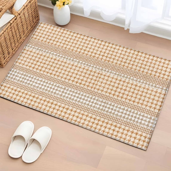 Rectangle Rug 2x3ft Area Rug, Farm Lattice Houndstooth Pattern Area Rugs for Living Room Bedroom, Rustic Beige Khaki Plaid Floor Mat Non-Shedding Non-Slip Carpet Indoor Accent Rugs