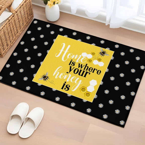 Rectangle Rug 2x3ft Area Rug, Farmhouse Bee Honeycomb Yellow Area Rugs for Living Room Bedroom, Honey Home Quote Polka Dot Floor Mat Non-Shedding Non-Slip Carpet Indoor Accent Rugs