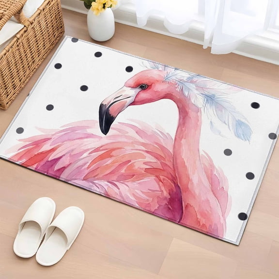 Rectangle Rug 2x3ft Area Rug, Farmhouse Flamingo Polka Dot Area Rugs for Living Room Bedroom, Pink Animal Feather Close-up Art Floor Mat Non-Shedding Non-Slip Carpet Indoor Accent Rugs