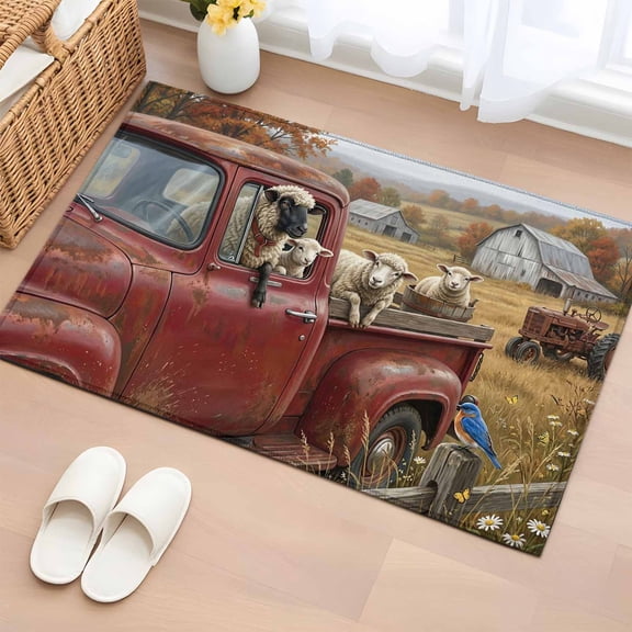 Rectangle Rug 2x3ft Area Rug, Farmhouse Sheep Barn Truck Area Rugs for Living Room Bedroom, Pastoral Tree Wildflower Floor Mat Non-Slip Non-Shedding Carpet Indoor Accent Rugs