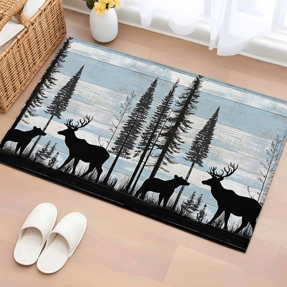 Rectangle Rug 2x3ft Area Rug,Forest Deer Bear Wild Animal Area Rugs for Living Room Bedroom,Blue White Wood Board Floor Mat Non-Slip Non-Shedding Carpet Indoor Accent Rugs