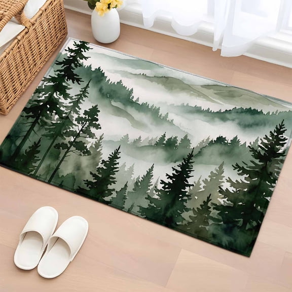 Rectangle Rug 2x3ft Area Rug,Forest Green Gradient Tree Mountain Area Rugs for Living Room Bedroom,Natural Scenery Floor Mat Non-Slip Non-Shedding Carpet Indoor Accent Rugs