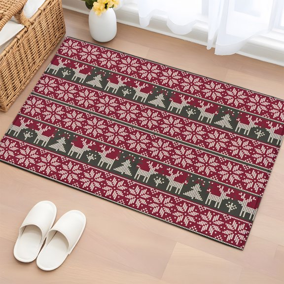 Rectangle Rug 2x3ft Area Rug, Geometric Knitting Winter Christmas Elk Area Rugs for Living Room Bedroom, Xmas Tree Floor Mat Non-Slip Non-Shedding Carpet Indoor Accent Rugs