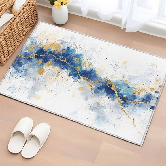 Rectangle Rug 2x3ft Area Rug,Gold Blue Blooming Effect Area Rugs for Living Room Bedroom,Abstract Marble Texture Floor Mat Non-Slip Non-Shedding Carpet Indoor Accent Rugs