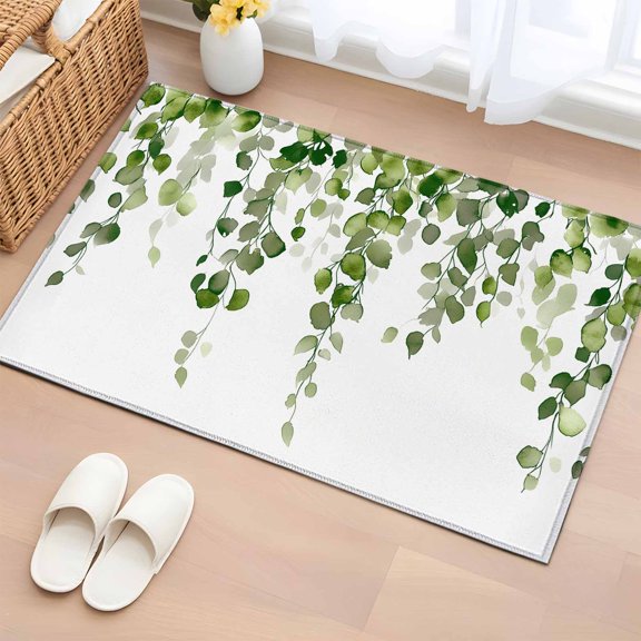 Rectangle Rug 2x3ft Area Rug, Green Eucalyptus Leaves on White Area Rugs for Living Room Bedroom, Watercolor Fallen Leaf Floor Mat Non-Slip Non-Shedding Carpet Indoor Accent Rugs
