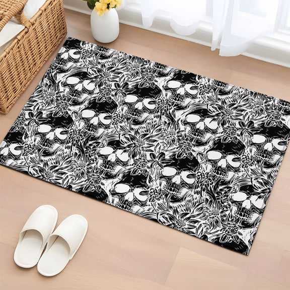 Rectangle Rug 2x3ft Area Rug, Halloween Skull Seamless Abstract Floral Area Rugs for Living Room Bedroom, Spooky Black Floor Mat Non-Slip Non-Shedding Carpet Indoor Accent Rugs
