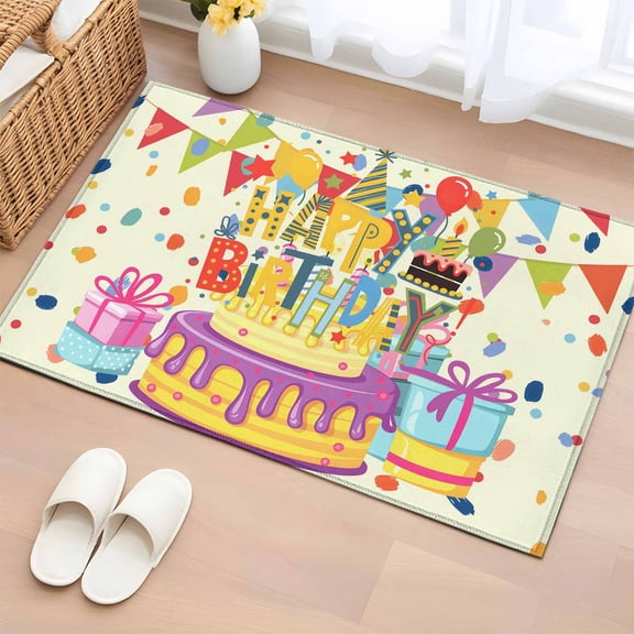 Rectangle Rug 2x3ft Area Rug,Happy Birthday Text Area Rugs for Living Room Bedroom,Cartoon Cake Ribbon Dots Floor Mat Non-Slip Non-Shedding Carpet Indoor Accent Rugs