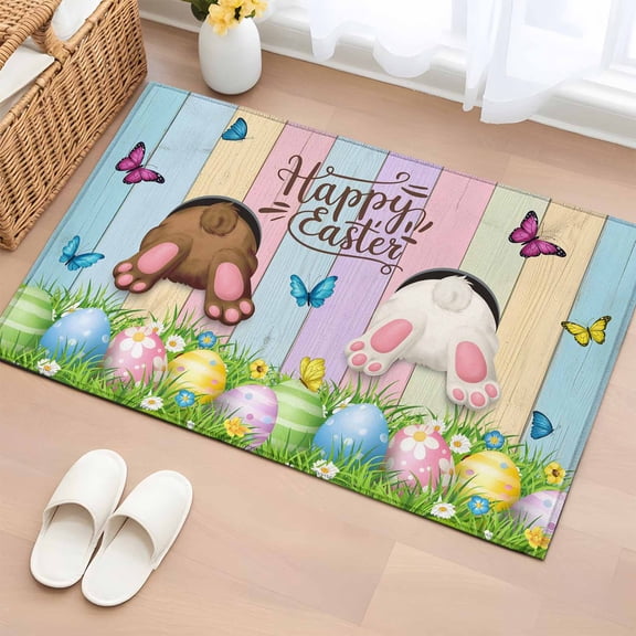 Rectangle Rug 2x3ft Area Rug, Happy Easter Rabbit Butt Egg on Daisy Leaf Area Rugs for Living Room Bedroom, Bufferfly on Wood Barn Floor Mat Non-Slip Non-Shedding Carpet Indoor Accent Rugs