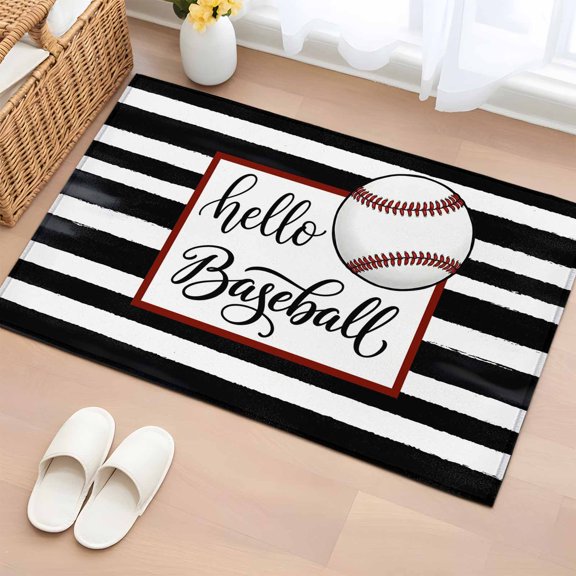 Rectangle Rug 2x3ft Area Rug, Hello Baseball Words Area Rugs for Living Room Bedroom, Black White Striped Floor Mat Non-Slip Non-Shedding Carpet Indoor Accent Rugs